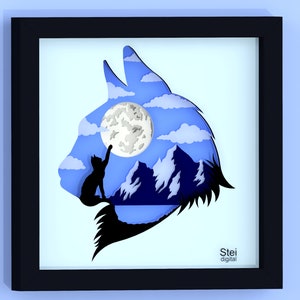 Chat avec boîte d'ombre de lune svg, fichiers dxf, modèle de découpe de papier chat, 3D chat en couches svg, fichiers de découpe de papier chat pour Cricut, laser, Silhouette.