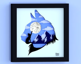 Cat Moon Shadow Box SVG: 3D Layered Paper Cut Template (Digital Download)