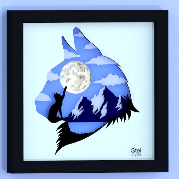 Cat with Moon shadow box svg, dxf files, Cat paper cut template, 3d Cat layered svg, cat paper cutting files for Cricut, laser, Silhouette.
