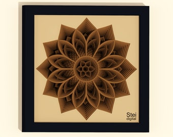 May include: A brown wooden wall art piece with a layered, geometric flower design. The art is framed in black and has the text "Stei digital" in the bottom right corner.