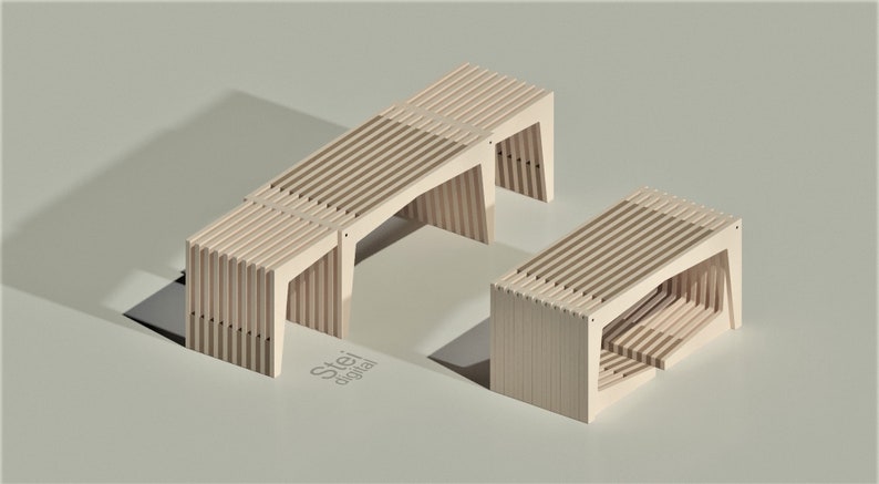 May include: Two wooden benches with slatted tops and open sides. The benches are made of light wood and are arranged in a staggered formation. The benches are on a light green background.