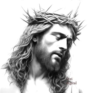 May include: A black and white drawing of a man with long, curly hair wearing a crown of thorns. The man is looking down with his eyes closed.