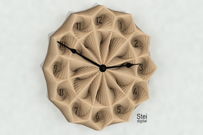 May include: A beige wooden clock with a geometric design. The clock face has black hands and black numbers. The clock is made of layered wood and has a 3D effect. The clock is labeled "Stei digital" at the bottom.
