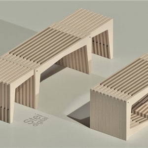 May include: Two wooden benches with slatted tops and open sides. The benches are made of light wood and have a natural finish. The benches are arranged in a staggered formation, with the larger bench in the background and the smaller bench in the foreground.