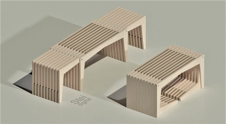 May include: Two wooden benches with slatted tops and open sides. The benches are made of light wood and have a natural finish. The benches are arranged in a staggered formation, with the larger bench in the background and the smaller bench in the foreground.