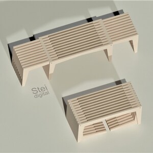 May include: Two wooden benches with slatted tops and angled legs. The larger bench is in the background and the smaller bench is in the foreground. The benches are made of light wood and have a natural finish.