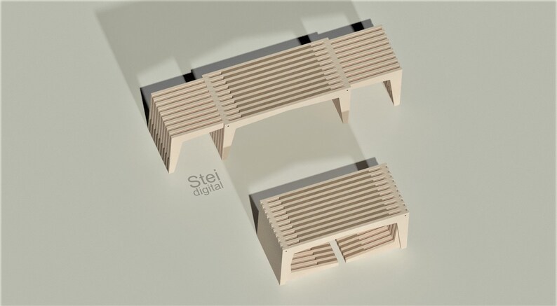 May include: Two wooden benches with slatted tops and angled legs. The larger bench is in the background and the smaller bench is in the foreground. The benches are made of light wood and have a natural finish.
