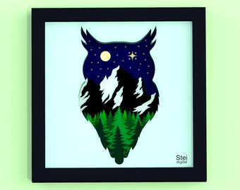 3D Owl Shadow Box SVG: Mall för lagerpappersklipp, Cricut, laserskuren fil