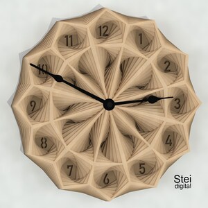 May include: A wooden clock with a geometric design and black hands. The clock face has Roman numerals and the text "Stei digital" is printed below the clock face.