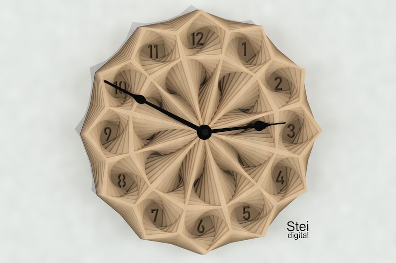 May include: A wooden clock with a geometric design and black hands. The clock face has Roman numerals and the text "Stei digital" is printed below the clock face.