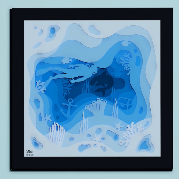 Scuba diving shadow box svg, dxf, underwater scene svg, scuba diving papercut template, scuba diving cut file for Cricut, laser, Silhouette.