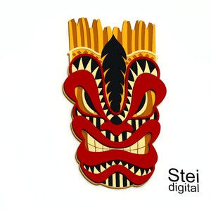 Pode incluir: Uma m&aacute;scara tiki vermelha e preta com um fundo estampado em amarelo e branco. A m&aacute;scara tem uma express&atilde;o feroz com dentes afiados e um nariz grande.