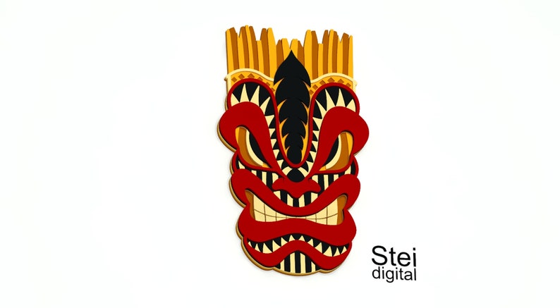 Pode incluir: Uma m&aacute;scara tiki vermelha e preta com um fundo estampado em amarelo e branco. A m&aacute;scara tem uma express&atilde;o feroz com dentes afiados e um nariz grande.