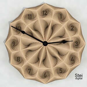 May include: A wooden clock with a geometric design and black hands. The clock face has Roman numerals and a layered, 3D effect. The clock is made by Stei digital.