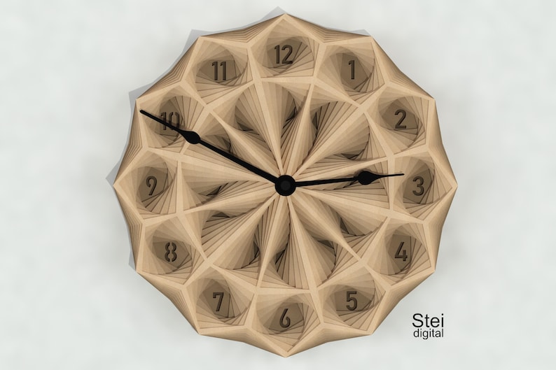 May include: A wooden clock with a geometric design and black hands. The clock face has Roman numerals and a layered, 3D effect. The clock is made by Stei digital.