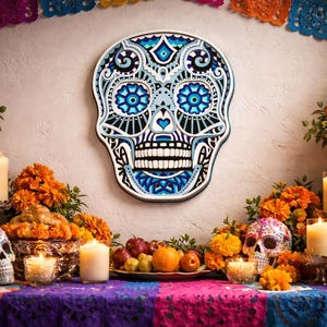 May include: A Day of the Dead altar featuring a large, blue and white skull decoration. The altar is decorated with orange flowers, candles, fruit, and decorative skulls. The table is covered with a colorful cloth.
