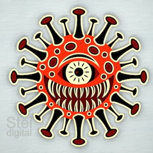 May include: A red and black stylized illustration of a virus with a single eye and a toothy grin. The virus has a circular shape with spikes radiating outward.