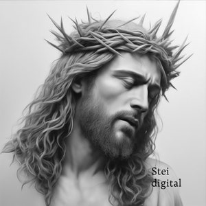 May include: A black and white digital illustration of a man with long, curly hair wearing a crown of thorns. The man has his eyes closed and is looking down. The text "Stei digital" is visible in the lower right corner of the image.