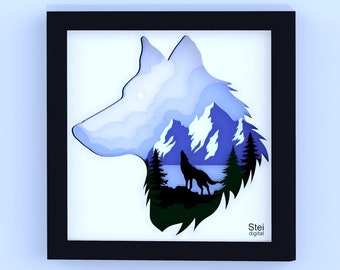 May include: A framed paper art piece depicting a wolf's head with a mountain landscape inside. The wolf is howling at the moon, and the mountains are blue and purple. The text "Stei digital" is in the bottom right corner.
