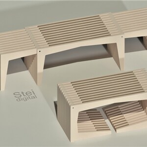 May include: Three wooden benches of varying sizes, stacked on top of each other. The benches are made of light brown wood and have a slatted design. The benches are arranged in a staggered pattern, with the largest bench at the top and the smallest bench at the bottom.