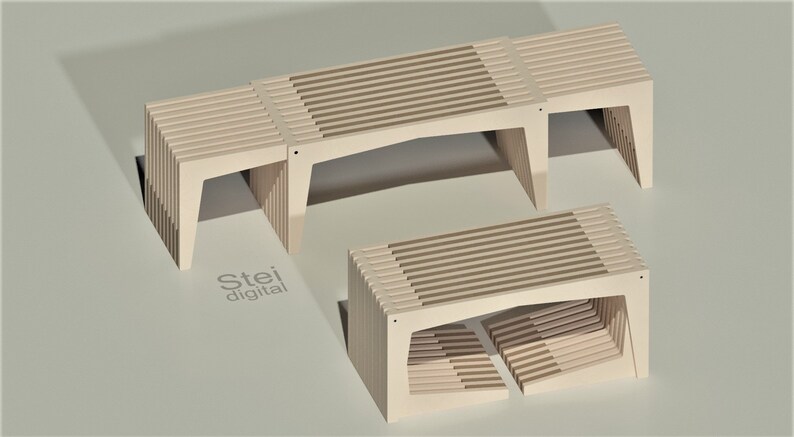 May include: Three wooden benches of varying sizes, stacked on top of each other. The benches are made of light brown wood and have a slatted design. The benches are arranged in a staggered pattern, with the largest bench at the top and the smallest bench at the bottom.