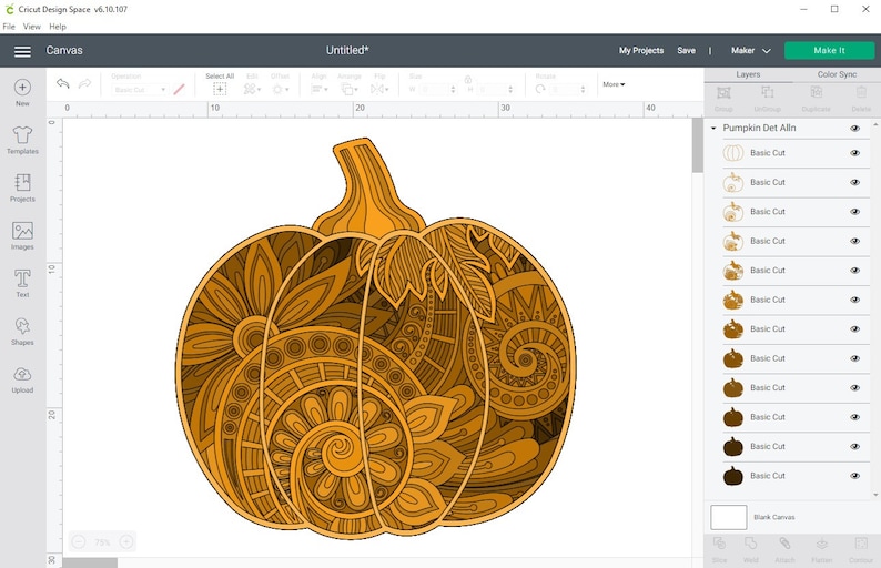 May include: A detailed pumpkin design with intricate patterns, displayed on a white background within the Cricut Design Space software. The pumpkin is a warm orange color with darker brown accents, featuring floral and spiral motifs. The software interface is visible.
