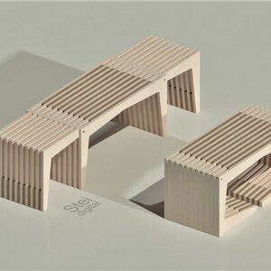 May include: Two wooden benches with slatted tops and open sides. The benches are made of light wood and are arranged in a staggered formation. The benches are on a light green background.