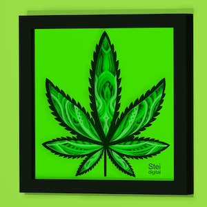 May include: A framed green and black illustration of a marijuana leaf with intricate details. The frame is black and the background is green. The text "Stei digital" is in the bottom right corner.