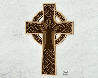 Croix celtique 3D avec arbre de vie SVG, fichier DXF découpé au laser, fichier vectoriel croix, svg mandala croix en couches, fichier de coupe pour laser, cricut. C7.