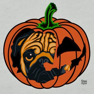 May include: A carved orange pumpkin with a pug's face peeking out of the opening. The pumpkin has a green stem and a black, carved jack-o'-lantern face.