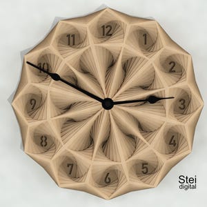 May include: A wooden clock with a geometric design and black hands. The clock face has Roman numerals and a layered, 3D effect. The clock is made by Stei digital.