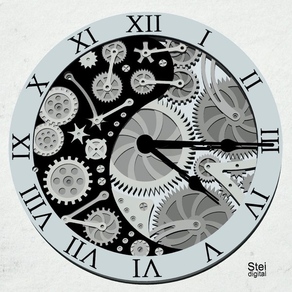 3d Steampunk Clock Svg, dxf cut files, layered Clock Mandala svg, 3d Wall Clock design vector cut file for laser, for Cricut, Silhouette.