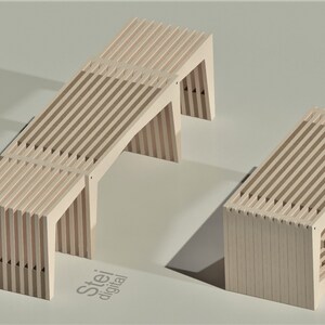 May include: Two wooden benches with slatted seats and backs. The benches are made of light wood and have a simple, modern design.