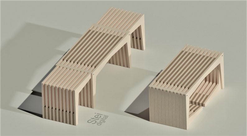 May include: Two wooden benches with slatted seats and backs. The benches are made of light wood and have a simple, modern design.