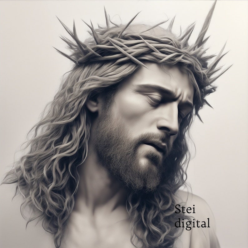May include: A black and white digital illustration of a man with long, curly hair wearing a crown of thorns. The man has his eyes closed and is looking down. The text "Stei digital" is in the lower right corner of the image.