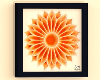 May include: A framed orange and yellow geometric flower design with the text "Stei digital" in the bottom right corner.