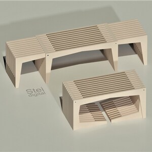 May include: Three wooden benches of varying sizes, each with a slatted design and a curved top. The benches are arranged in a staggered formation on a light grey background.