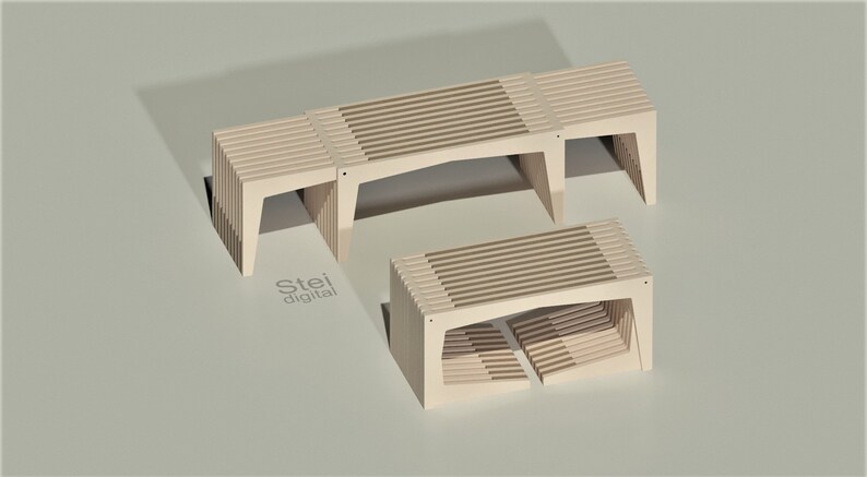 May include: Three wooden benches of varying sizes, each with a slatted design and a curved top. The benches are arranged in a staggered formation on a light grey background.