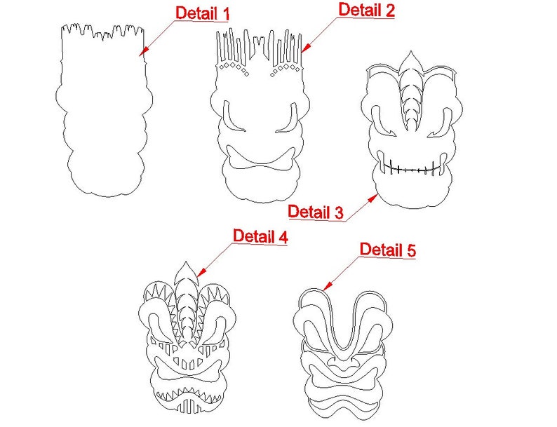 Pode incluir: Cinco desenhos em preto e branco de designs de m&aacute;scaras tiki. Os designs s&atilde;o etiquetados como "Detalhe 1", "Detalhe 2", "Detalhe 3", "Detalhe 4" e "Detalhe 5".