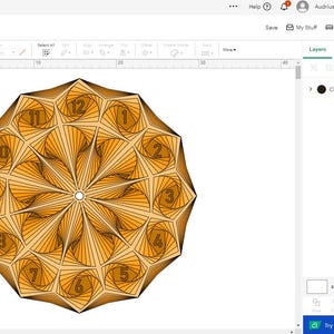 May include: A digital design for a clock with a geometric pattern in shades of orange and brown. The clock face is a circle with numbers 1 through 12 arranged in a spiral pattern.