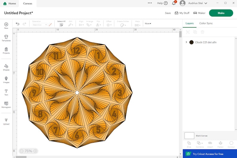 May include: A digital design for a clock with a geometric pattern in shades of orange and brown. The clock face is a circle with numbers 1 through 12 arranged in a spiral pattern.