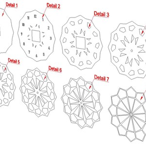 May include: Eight different clock face designs, including a standard clock face with numbers 1-12, and seven different geometric designs.