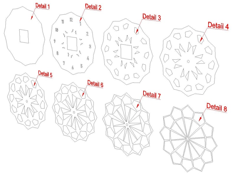May include: Eight different clock face designs, including a standard clock face with numbers 1-12, and seven different geometric designs.