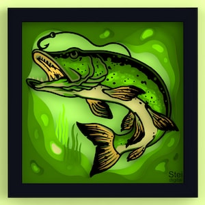 3d fishing shadow box svg, dxf cut files, Pike fish svg, layered fish svg, 3d fish design cut file for laser, Cricut, Silhouette, Glowforge.