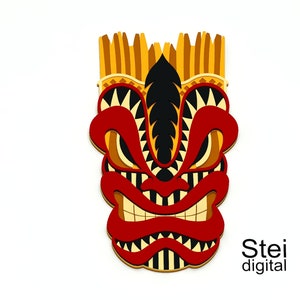 Pode incluir: Uma m&aacute;scara tiki vermelha, preta e amarela com uma express&atilde;o feroz. A m&aacute;scara tem uma pena preta no topo e &eacute; cercada por espinhos amarelos e laranja.