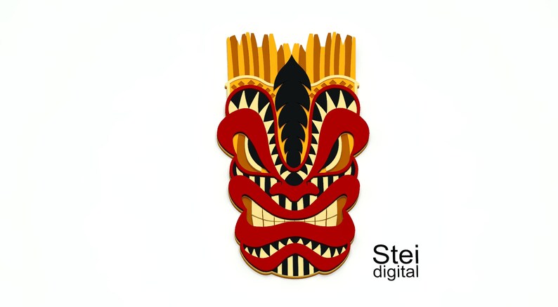 Pode incluir: Uma m&aacute;scara tiki vermelha, preta e amarela com uma express&atilde;o feroz. A m&aacute;scara tem uma pena preta no topo e &eacute; cercada por espinhos amarelos e laranja.