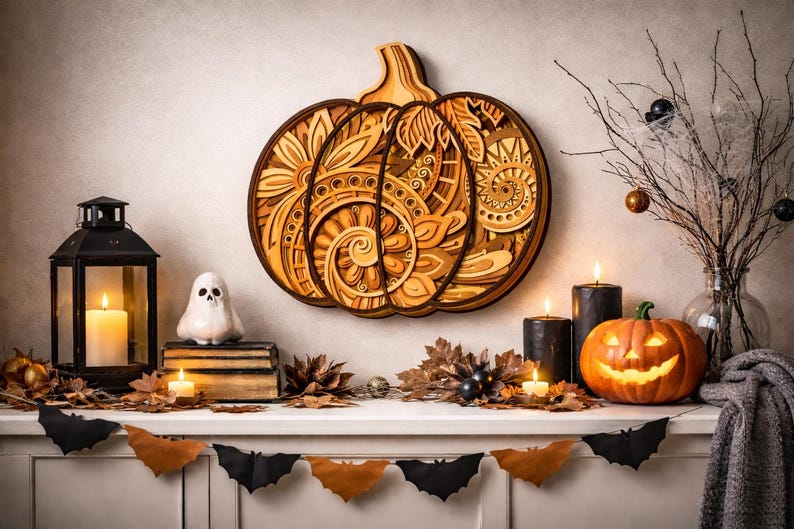May include: A wooden pumpkin wall hanging with intricate designs is the focal point of a Halloween display. A carved jack-o'-lantern, candles, and a ghost figurine are also present. A garland of bats and leaves decorates the mantel.