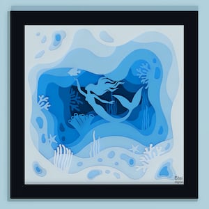 3D sirène shadow box svg, dxf, svg de scène sous-marine, modèle sirène papercut, sirène en couches coupe fichiers pour Cricut, laser, Silhouette.
