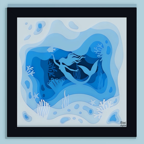 3d Mermaid shadow box svg, dxf, underwater scene svg, mermaid papercut template, layered mermaid cut files for Cricut, laser, Silhouette.