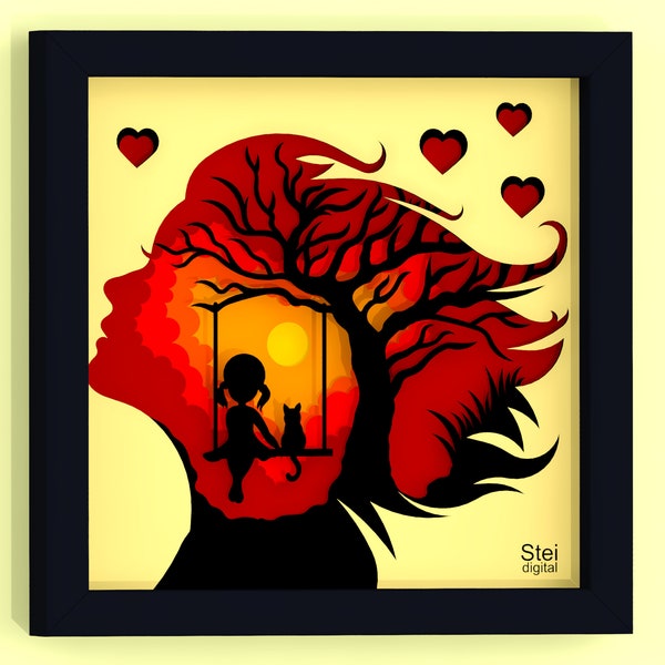 Memories shadow box svg, Girl with cat svg, Mothers day layered svg, 3d svg, cut template, Memories cut file for Cricut, laser, Silhouette. Memories shadow box svg, Girl with cat svg, Mothers day layered svg, 3d svg, cut template, Memories cut file for Cricut, laser, Silhouette.
